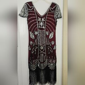 Beaded Wine Red, Black Flapper Dress with Silver Sequin Detailing